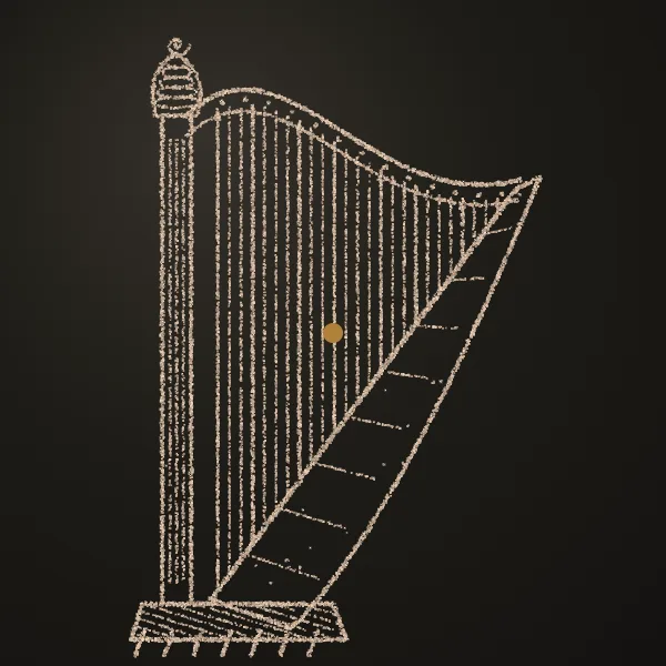 Pedal harp drawn in sand on a dark metal plate