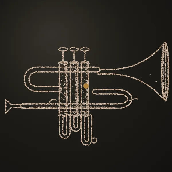 Trumpet drawn in sand on a dark metal plate
